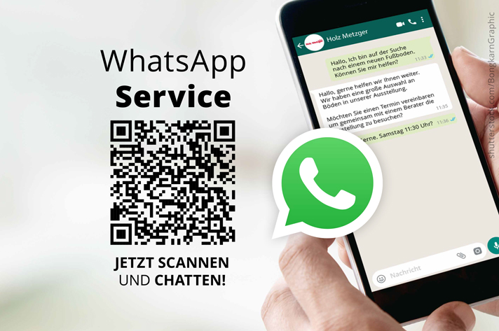 QR-Code für den WhatsApp-Service von Holz Metzger, daneben ein Smartphone mit WhatsApp-Chat in der Hand.